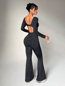 SHEIN Dewbera Women's Polka Dot Print Long Sleeve Flare Leg Jumpsuit - Black - View 4