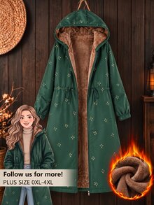 Linhara Plus Size Women's All-Over Print Thermal Lined Casual Versatile Winter Hooded Jacket - Green - View 4