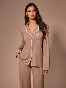 Lazeform Casual Loose Fit Contrast Color Lapel Open Front Long Sleeve Pants Women's Pajama Set - Brown - View 6