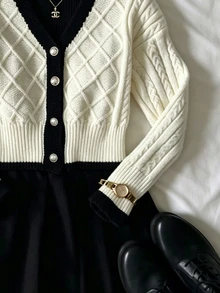 IslaSuriya Women's Fashion Cable Knit Contrast Color Button Cardigan - Apricot - View 4