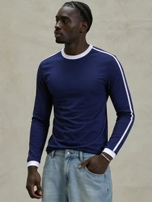 TONEVAULT Men's Colorblock Casual Versatile Daily Wear Long Sleeve T-Shirt - Blue - View 1