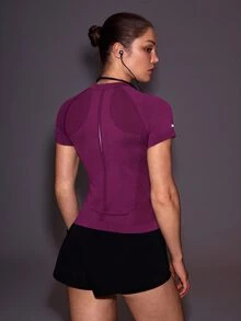 Powerista 女款字母印花插肩袖短袖運動機能上衣 T-shirt 無縫健身訓練運動跑步休閒健身房露背運動休閒外穿上衣 - 玫瑰紅 - 查看 2