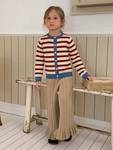Hapijoa Cardigan Kasual Serbaguna untuk Harian, Motif Garis-Garis untuk Anak Perempuan - Merah - View 2