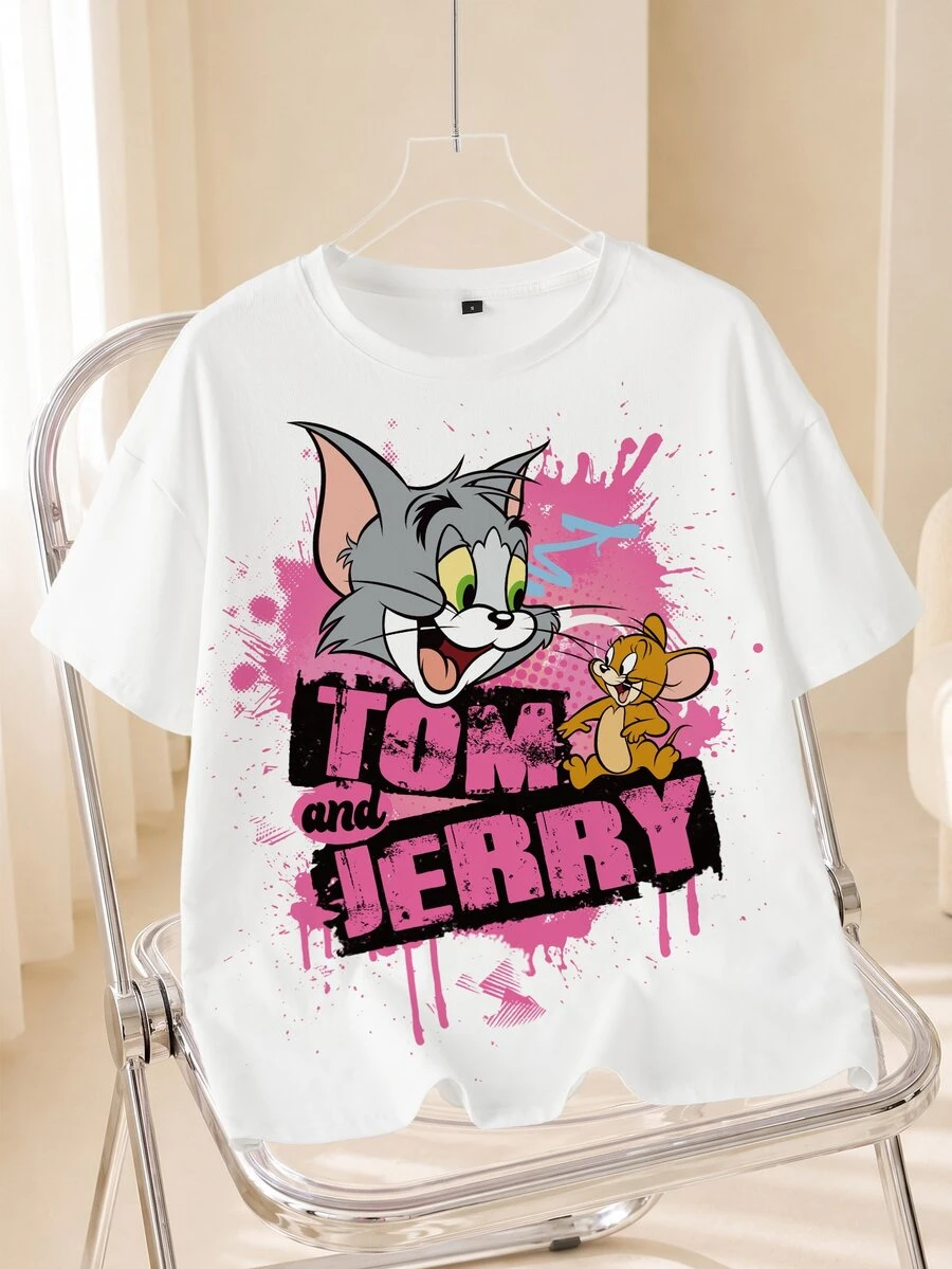 TOM & JERRY X SHEIN Áo thun nữ tay ngắn in chữ và hoạt hình phong cách thường ngày thoải mái - trắng - Xem 1