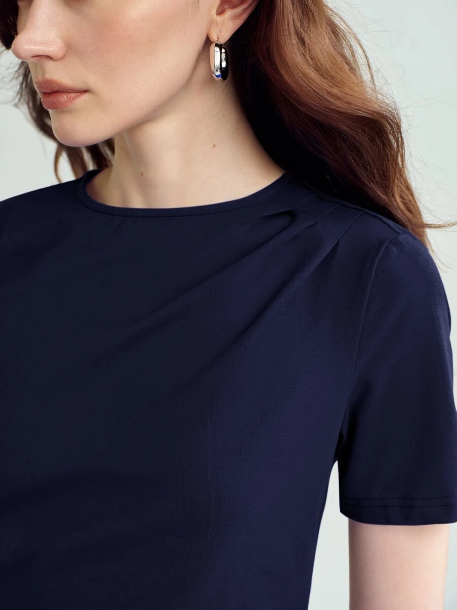 MOTF PREMIUM Áo thun cotton cổ tròn tay ngắn gấu lệch nhún eo cho xuân/hè - Màu xanh hải quân - Xem 2