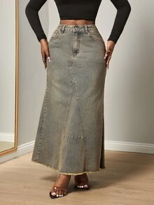Slaydiva Women's Outdoor All-Season Long Frayed Distressed Vintage Retro Blue Denim Skirt - Medium Wash - View 1