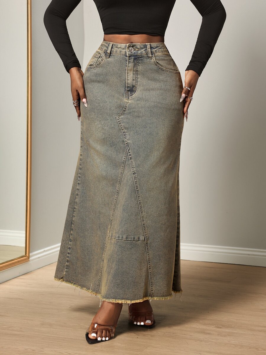 Slaydiva Women's Outdoor All-Season Long Frayed Distressed Vintage Retro Blue Denim Skirt - Medium Wash - View 1