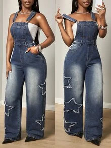 BamGleam Cowgirl Outfit Standard Size Women's Blue Non-Stretch Denim Overalls - Dark Wash - View 9