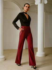 ZEYLAH Women's Elegant Beaded Pocket Straight Leg Suit Pants - Burgundy - View 5