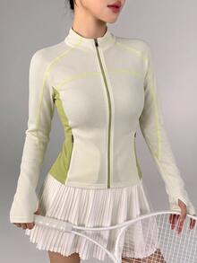 DAZY Women's Striped Colorblock Zip-Up Long Sleeve Sports Jacket - Beige - View 1