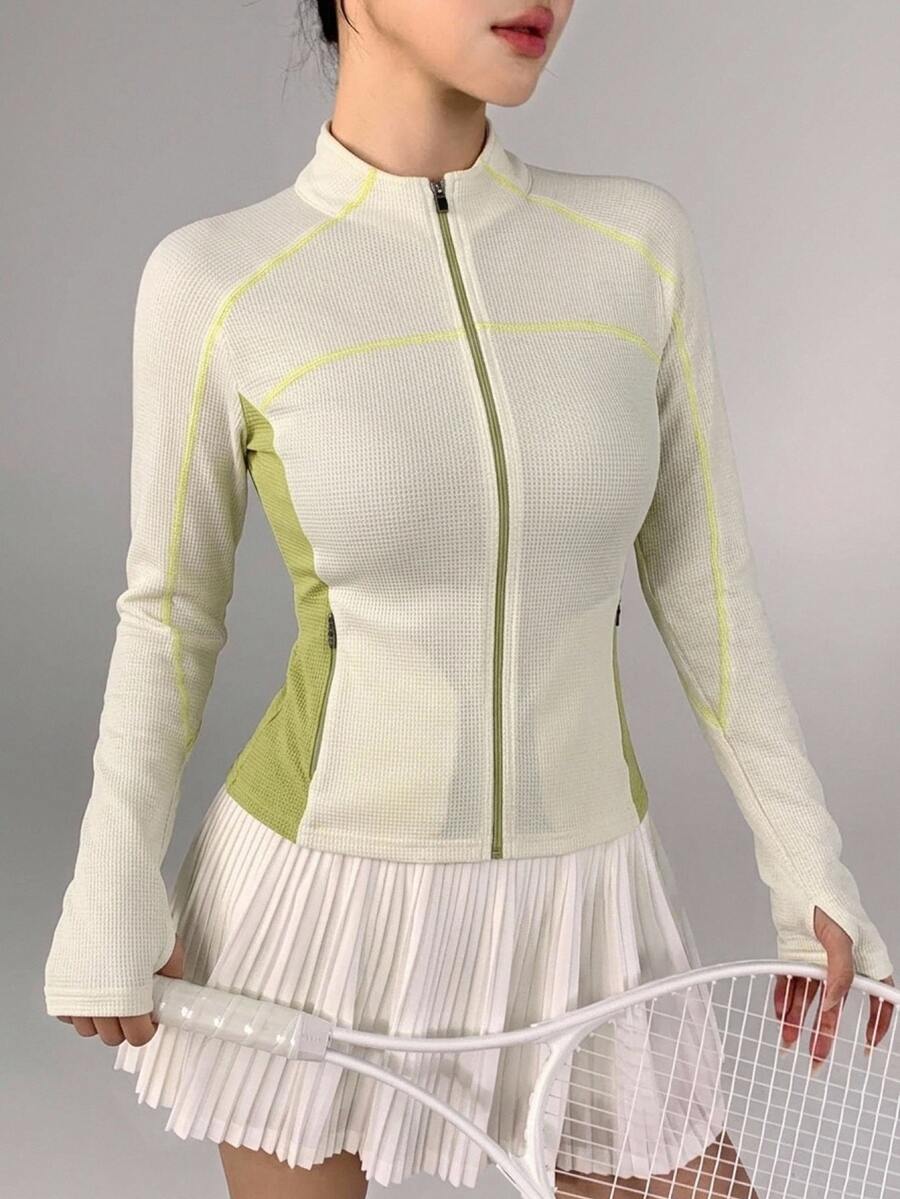DAZY Women's Striped Colorblock Zip-Up Long Sleeve Sports Jacket - Beige - View 1