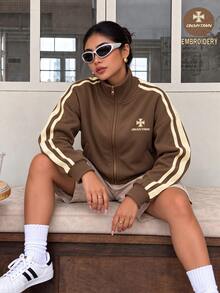 Dewbera Dewbera Women's Autumn/Winter Sports Jacket With Letter Side Stripes And Zipper Front - Coffee Brown - View 4