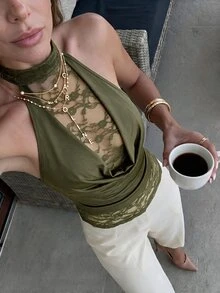 Firerie Draped Neck Tie Back Open Back Lace Patchwork Maillard Color Fitted Sleeveless Tank Top For Women - Army Green - View 1