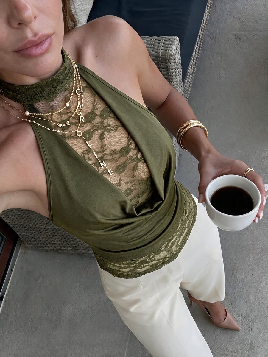Firerie Draped Neck Tie Back Open Back Lace Patchwork Maillard Color Fitted Sleeveless Tank Top For Women - Army Green - View 1
