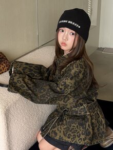 DAZY Girls' (Large) Leopard Print Denim Top With Turn-Down Collar, Cinched Waist And Tie Design - Brown - View 6