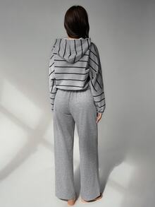 DAZY Women's Striped Long Sleeve Hooded Top And Pants Casual Pajama Set - Grey - View 2