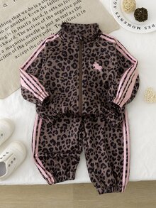 Tween Girls 2 Pieces Leopard Print Sportswear Set - Stand Collar Zip-Up Jacket + Cuffed Sweatpants, Retro Athletic Streetwear Outfit - Brown - View 7