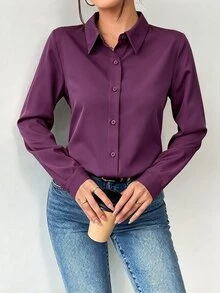 Structelle 女款純色鈕扣前襟長袖襯衫，秋季長袖上衣 - 中紫紅色 - 查看 6
