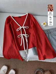 SHEIN LUNE 休閒女款綁帶對比飾邊針織上衣 度假風棕色與白色 夏季秋季女裝 外出穿搭上衣 - 紅色 - 查看 5