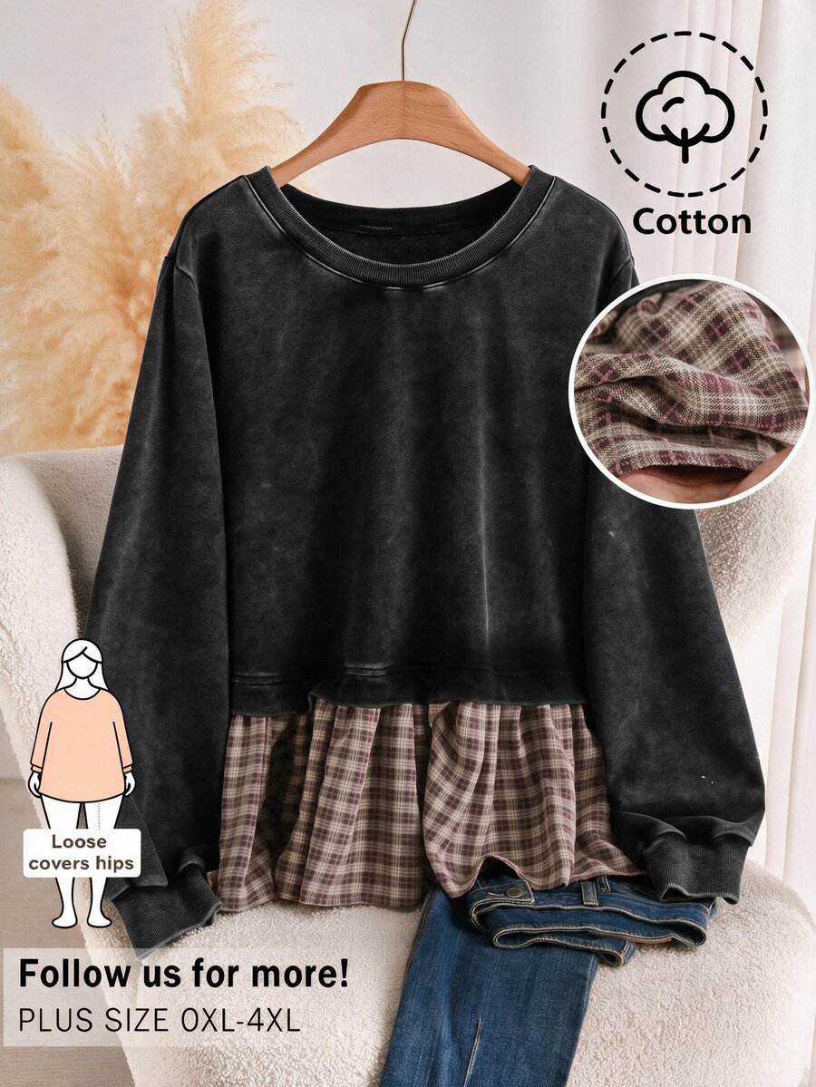 CosyJoli Áo nỉ nữ size lớn màu wash, tay dài phong cách thập niên 60 và 90, áo top phối caro patchwork gấu bèo nhún, đồ thu đông đi nghỉ dưỡng, màu đỏ trắng, phong cách brunch - màu xanh lá - Xem 1
