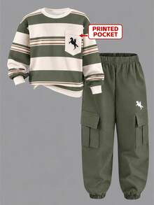 1 Set Digital Print Striped Multicolor Top Brown Pants Tween Boys Long Sleeve Sweatshirt And Jogger Cargo Pants Set Casual Cool - Multicolor - View 2