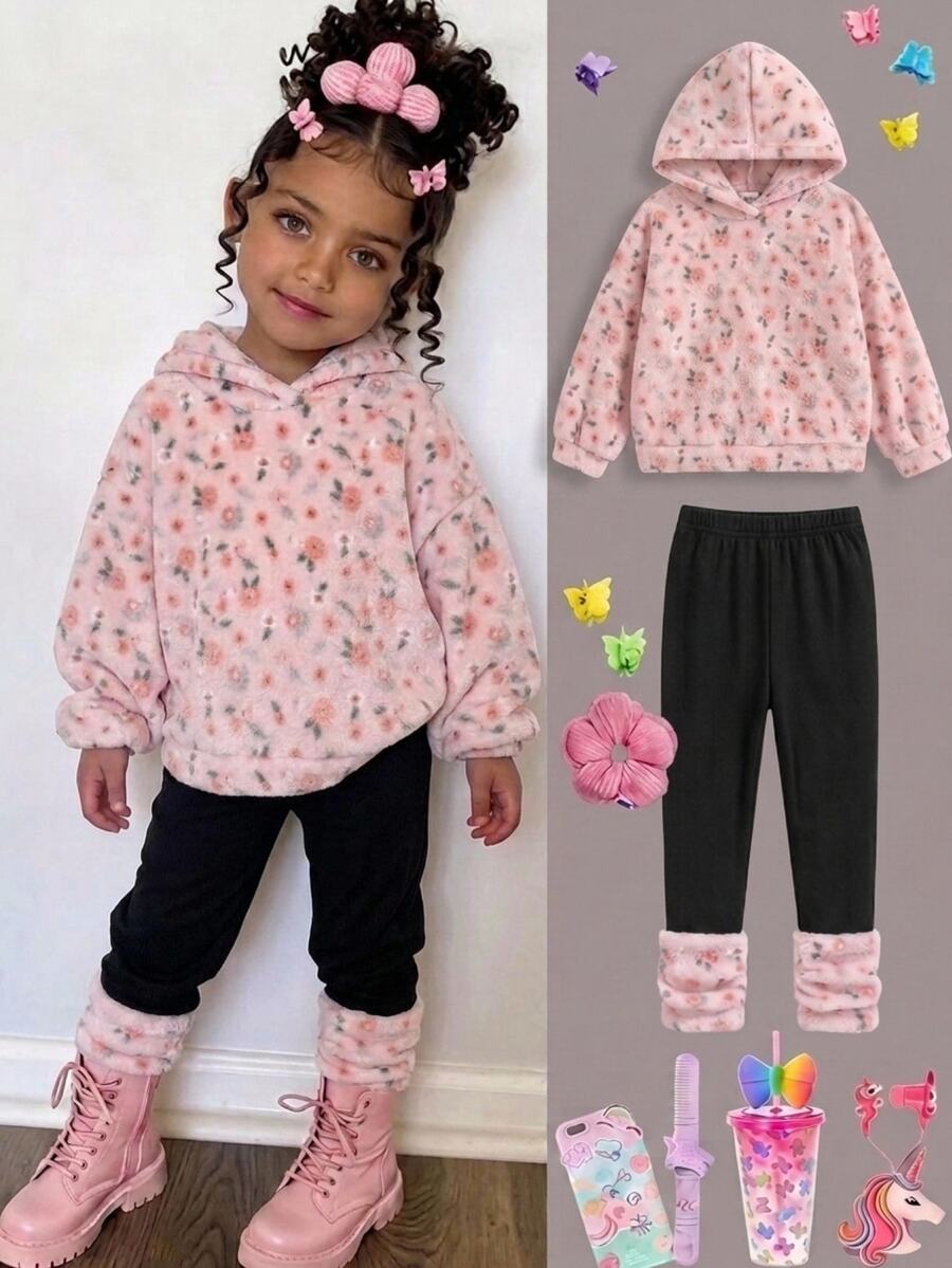 SHEIN 女嬰兩件套,包含碎花法蘭絨連帽衛衣與長褲,保暖舒適,適合秋冬穿著 - 彩色 - 查看 1