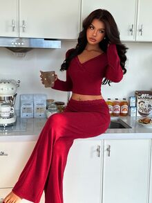 ZzzCrew 2pcs/Set Women's V-Neck Long Sleeve Pajama Set, Ribbed Fabric, Lace Trim, Slim Fit Autumn/Winter Clothing - Burgundy - View 7