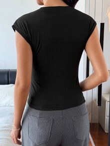 DAZY Black Summer Autumn Minimalist Elegant Knit Base Layer Women's Loungewear Top - Black - View 2