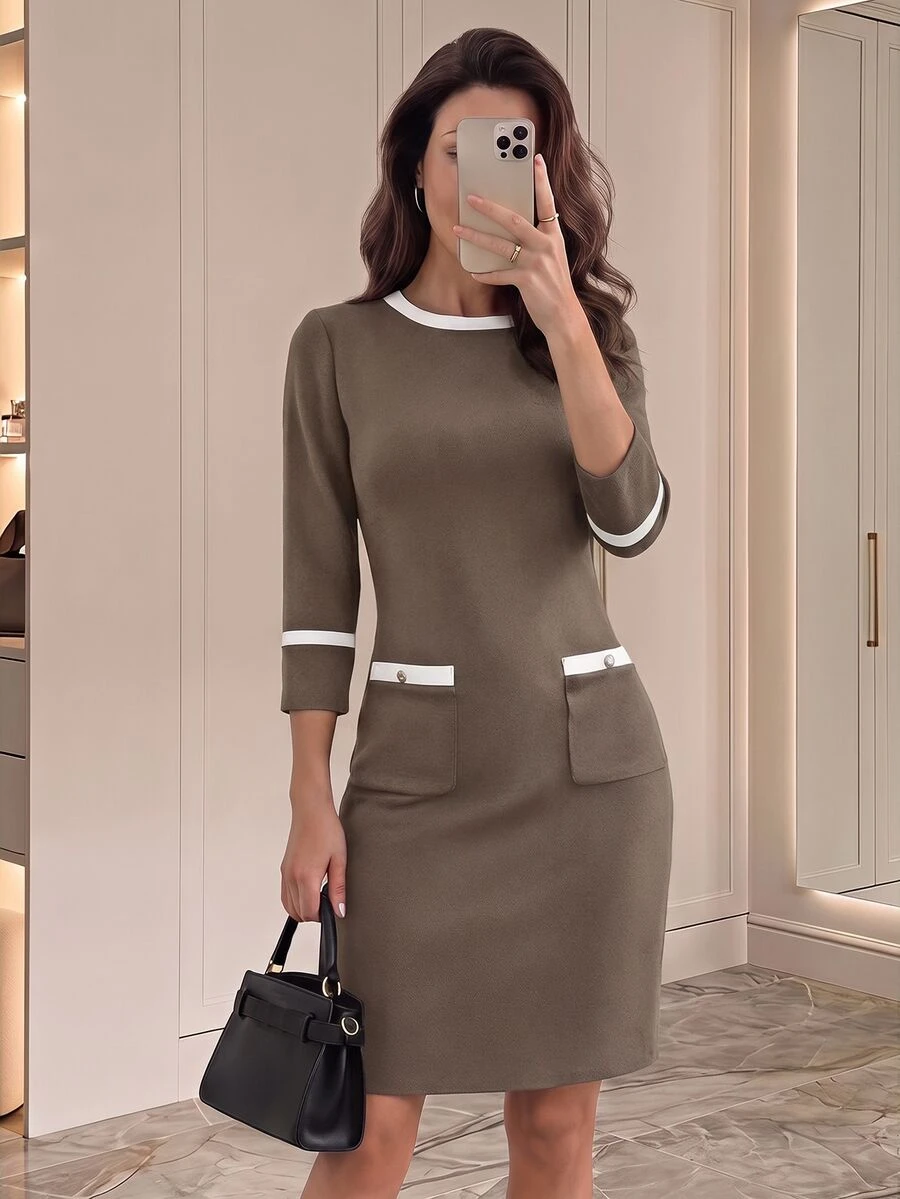 Medorina Women's Elegant Commuter Office Color Block Trim Fitted Mid ...