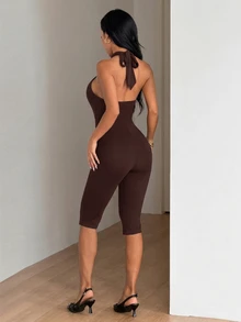 SHEIN ICON 女款純色掛脖綁帶性感休閒連身短褲 - 棕色 - 查看 2
