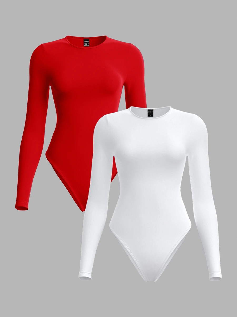 SHEIN BASICS 女款純色針織圓領長袖連身衣 黑白色 夏季基礎款 辦公居家日常度假夜店休閒極簡風 - 彩色 - 查看 1