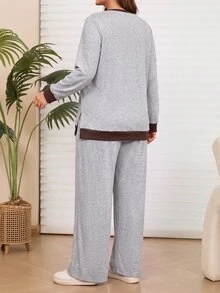 Rosumi 大尺碼女款 2 件組棕色秋季修身休閒居家服，對比色連帽衛衣與寬腿運動長褲套裝，附口袋，舒適居家套裝 - 灰色 - 查看 2