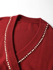 GlowEve CURVE Red V-Neck Pearl Trim Lantern Sleeve Plus Size Sweater Top Winter - Red - View 5