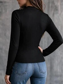 Linhara CURVE Plus Size Ribbed Knit Long Sleeve Top, Notched V Neck Decorative Button Slim Fit Curvy Women Tee, Fall Basic Casual Fitted Shirt Ribbed KnitLong Sle - Black - View 2