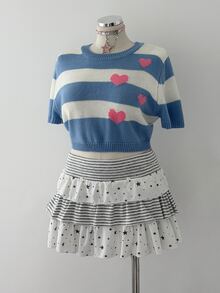 Sunspun Plus Size Women's Heart Pattern Short Sleeve Knit Top, Suitable For Spring, Summer, Autumn, Winter. Perfect For Back To School, Daily Wear Or Graduation Ceremony Occasions. Suitable For Valentine's Day, Halloween, Christmas Outfits, Blue And White Striped Heart Peach Design, Y2k Series - Blue and White - View 4