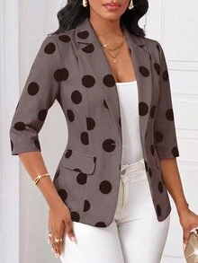SHEIN Lady Women's Elegant Smart Casual Commute Office Polka Dot Print Blazer - Mocha Brown - View 6