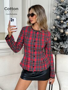 Easowa Women's Plaid Casual Versatile Daily Wear Shirt - Red - View 1