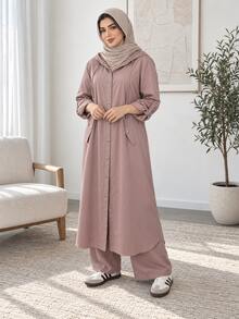 Solavon Plus Size Button Long Sleeve Jacket And Loose Pants 2 Pieces Set - Grey - View 5