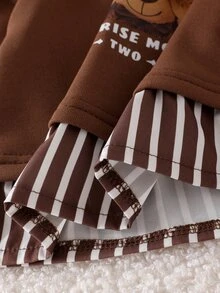 SHEIN Playful Pals Baby Girls Teddy Bear Print Striped Ruffle Hem Sweatshirt & Straight Pants 2Pcs Outfit Set - Coffee Brown - View 7