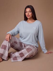 Lazeform Plus Size Women's 100% Cotton TOP Knitted Embroidered Top And Plaid Print Long Pants Pajama Set - Multicolor - View 1