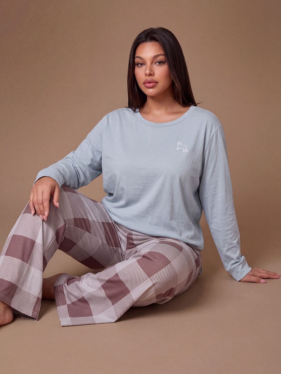 Lazeform Plus Size Women's 100% Cotton TOP Knitted Embroidered Top And Plaid Print Long Pants Pajama Set - Multicolor - View 1