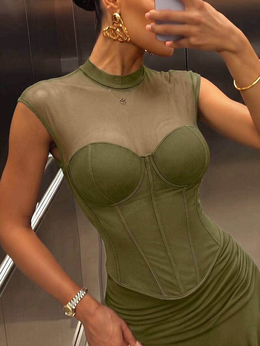 SHEIN SXY 女款性感網紗修身半透上衣,適合夜店派對、約會之夜、夜晚外出,黑色夏季款 - 軍綠色 - 查看 1
