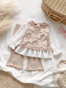 SHEIN 2Pcs Baby Girls Top And Flare Pants Sweet Khaki 3D Bows Ruffle Hem Ribbed Knit Long Sleeve Round Neck Regular Party Spring Princess Ballet New Born - Apricot - View 1