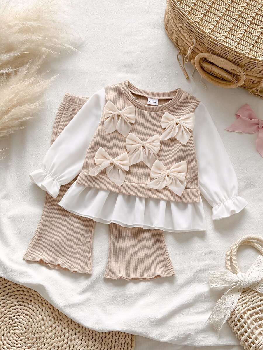 SHEIN 2Pcs Baby Girls Top And Flare Pants Sweet Khaki 3D Bows Ruffle Hem Ribbed Knit Long Sleeve Round Neck Regular Party Spring Princess Ballet New Born - Apricot - View 1