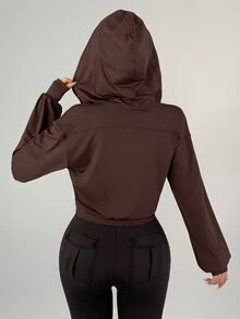 DAZY Women's Minimalist Zipper Long Sleeve Hooded Sports Jacket - Brown - View 6