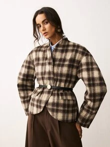 ATUI Studio Women's Fashion Plaid Long Sleeve Overcoat, Versatile - Brown - View 9