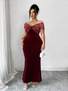 Elenzga Plus Size Luxury Sequin Pleated Elegant Dress - Burgundy - View 5