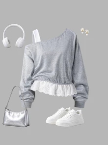 SHEIN Tween Girls Fall Clothes Letter Print Open Shoulder Asymmetrical Hem Casual Sweatshirt Fall Winter, Warm, Outfit, Comfortable, Daily, Long Sleeve - Grey - View 1