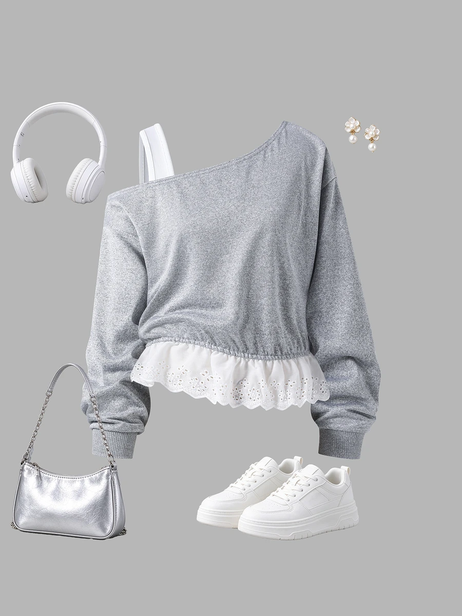 SHEIN Tween Girls Fall Clothes Letter Print Open Shoulder Asymmetrical Hem Casual Sweatshirt Fall Winter, Warm, Outfit, Comfortable, Daily, Long Sleeve - Grey - View 1