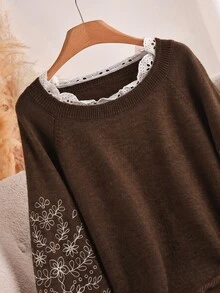 CosyJoli 大尺碼女款花卉刺繡插肩袖休閒寬鬆套頭毛衣，秋冬季 - 咖啡棕 - 查看 4